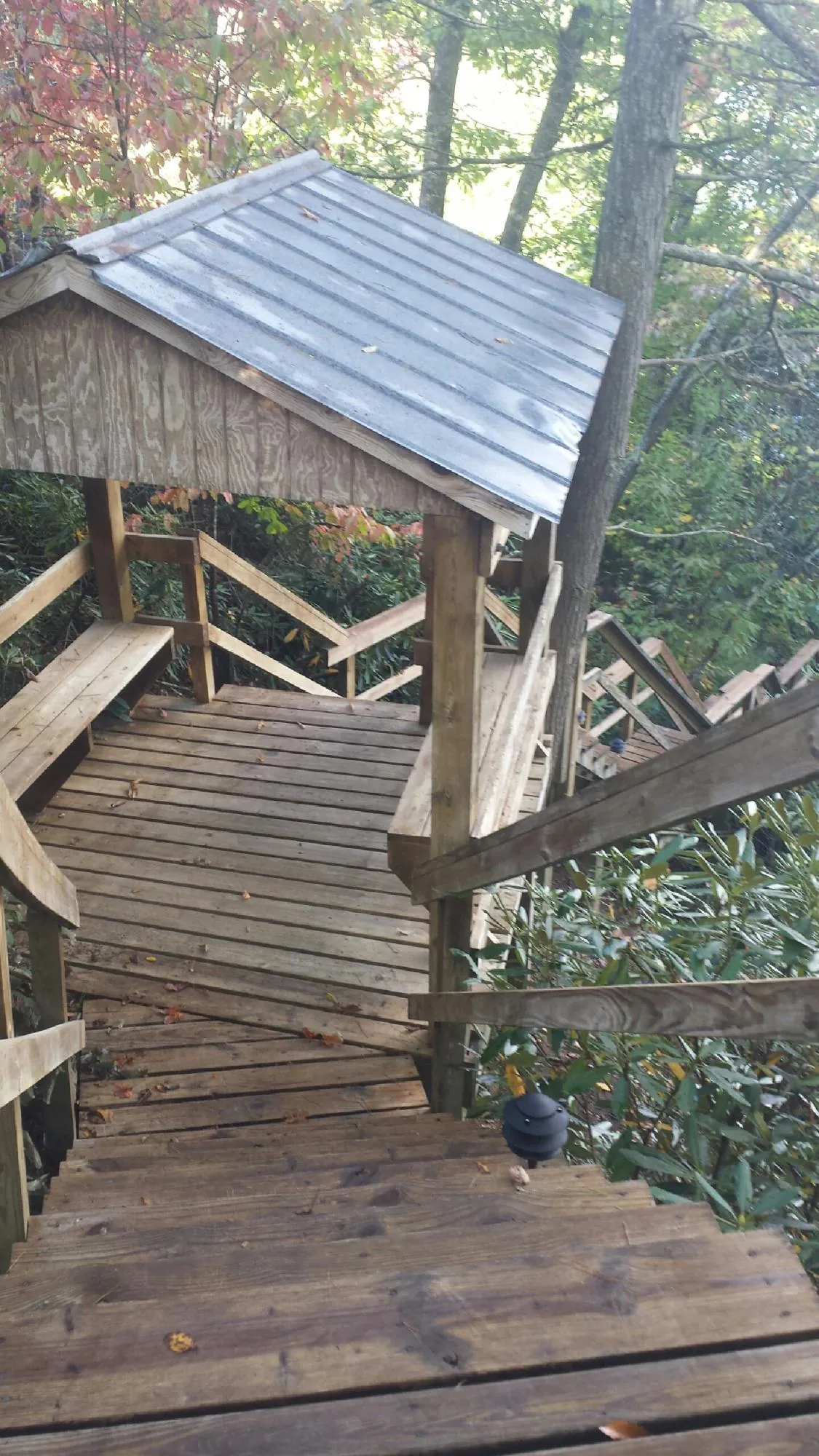 Metal roofed shelter over wooden steps on a wooded walkway — Skylight Repair & Installation work by our crew in Porum